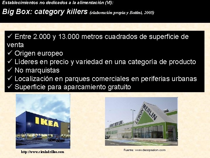 Establecimientos no dedicados a la alimentación (VI): Big Box: category killers (elaboración propia y