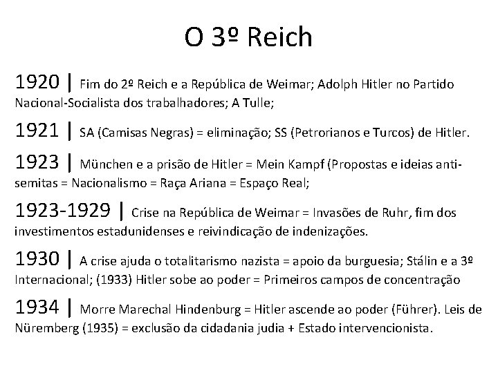 O 3º Reich 1920 | Fim do 2º Reich e a República de Weimar;