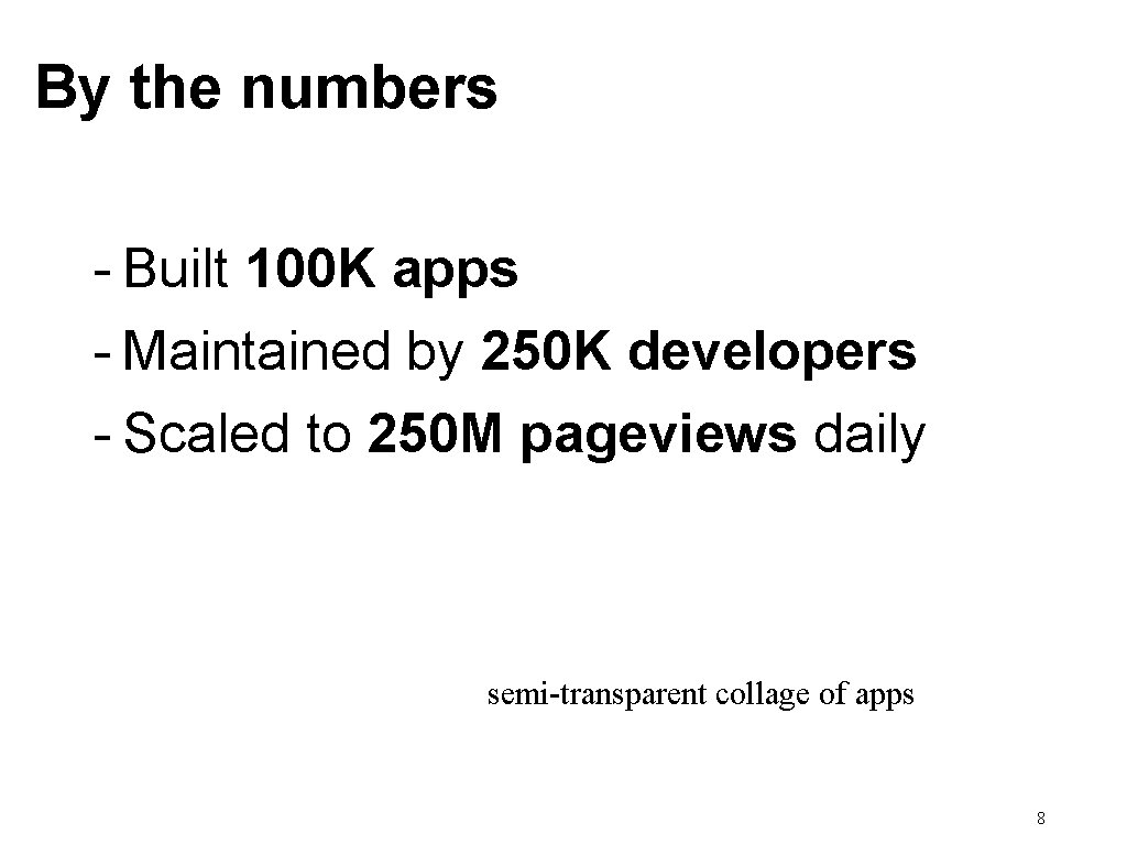 By the numbers - Built 100 K apps - Maintained by 250 K developers