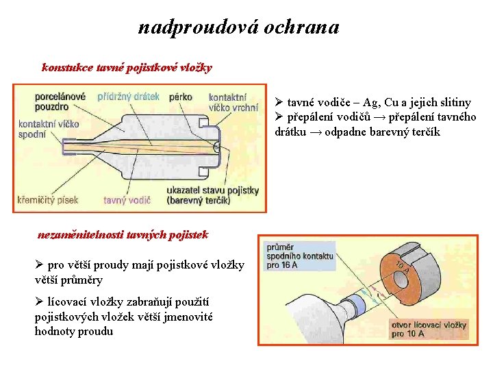 nadproudová ochrana konstukce tavné pojistkové vložky Ø tavné vodiče – Ag, Cu a jejich