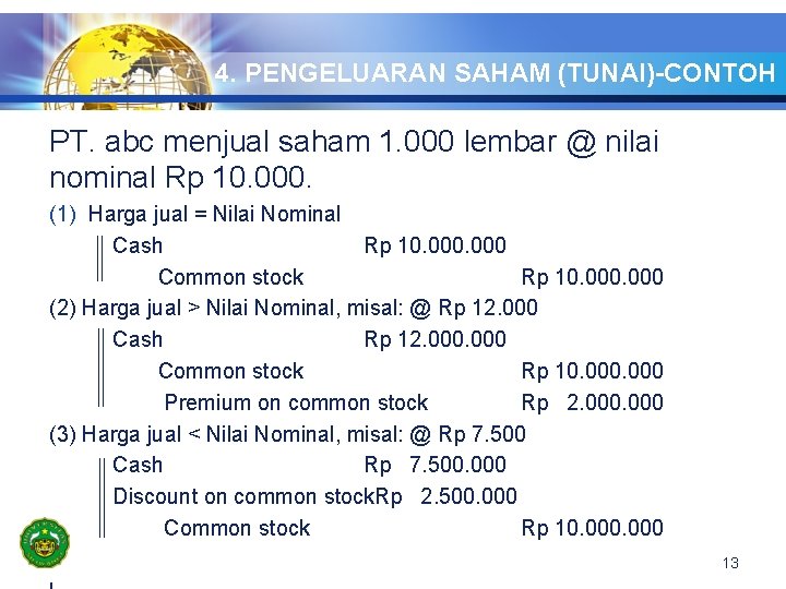 4. PENGELUARAN SAHAM (TUNAI)-CONTOH PT. abc menjual saham 1. 000 lembar @ nilai nominal