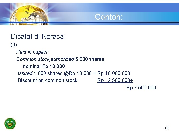 Contoh: Dicatat di Neraca: (3) Paid in capital: Common stock, authorized 5. 000 shares