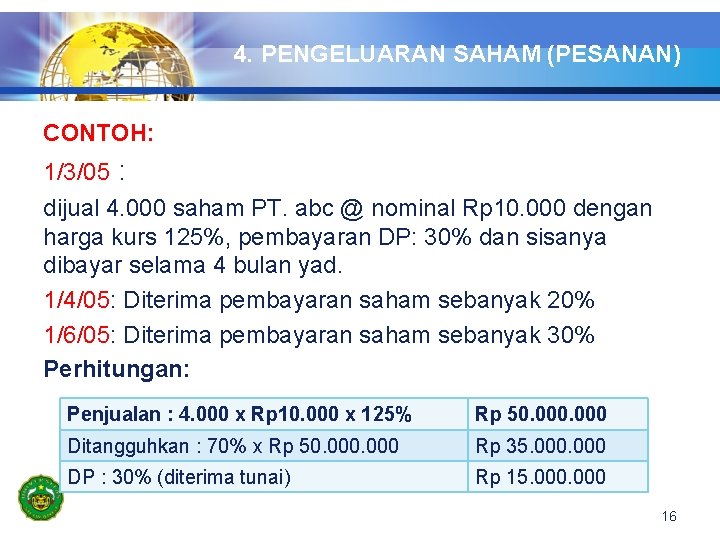 4. PENGELUARAN SAHAM (PESANAN) CONTOH: 1/3/05 : dijual 4. 000 saham PT. abc @