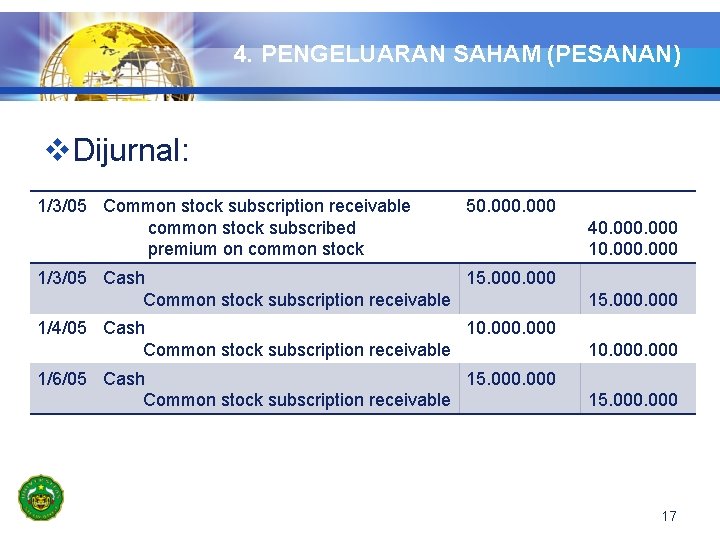 4. PENGELUARAN SAHAM (PESANAN) v. Dijurnal: 1/3/05 Common stock subscription receivable common stock subscribed