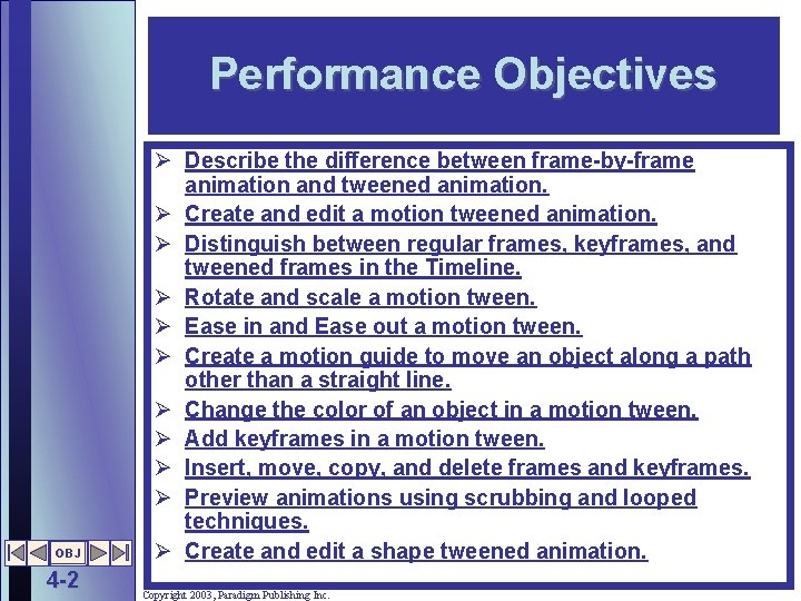 Performance Objectives OBJ 4 -2 Ø Describe the difference between frame-by-frame animation and tweened