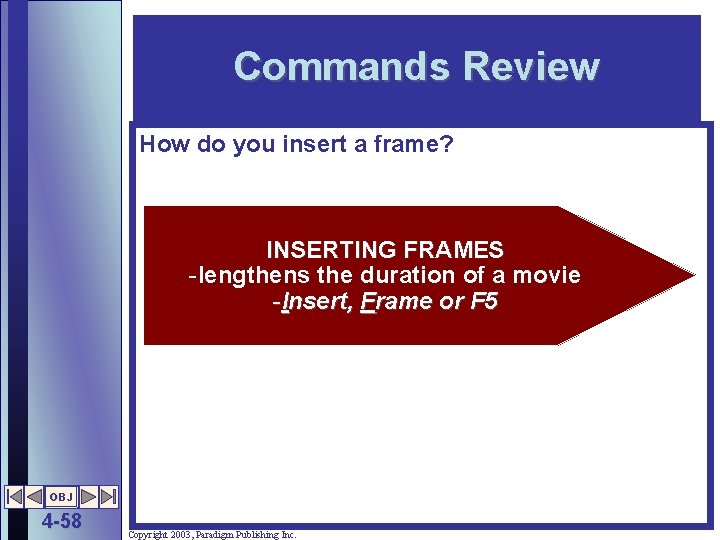 Commands Review How do you insert a frame? INSERTING FRAMES -lengthens the duration of
