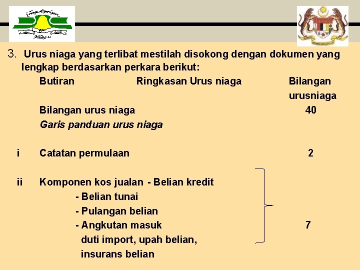 3. Urus niaga yang terlibat mestilah disokong dengan dokumen yang lengkap berdasarkan perkara berikut: