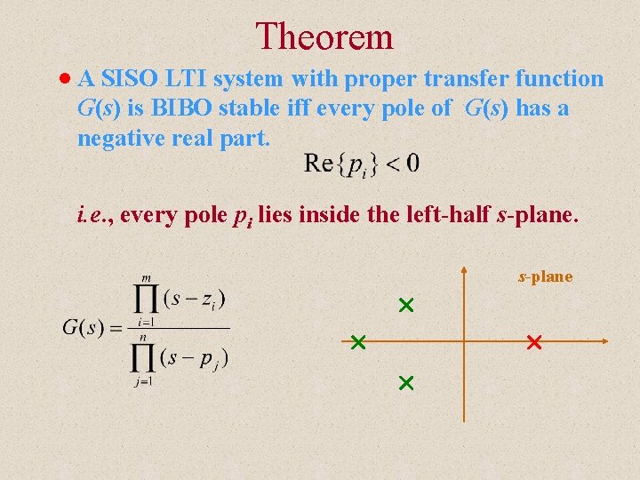 Theorem n A SISO LTI system with proper transfer function G(s) is BIBO stable