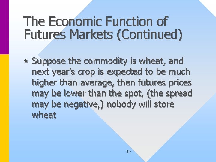 The Economic Function of Futures Markets (Continued) • Suppose the commodity is wheat, and