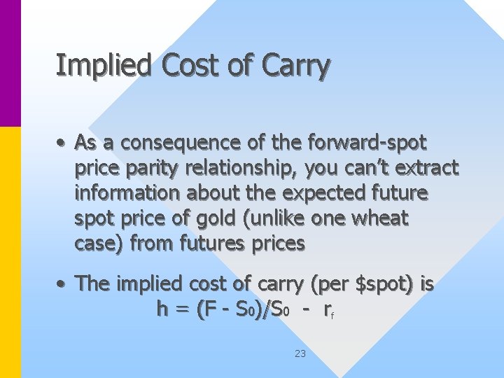 Implied Cost of Carry • As a consequence of the forward-spot price parity relationship,