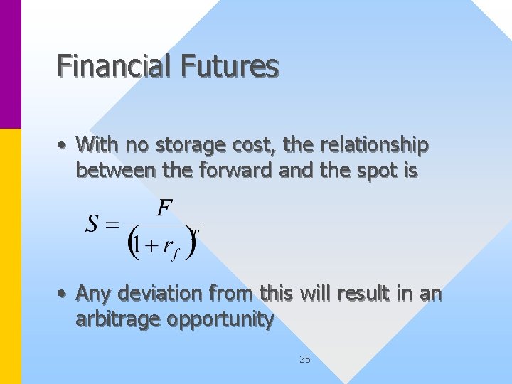 Financial Futures • With no storage cost, the relationship between the forward and the