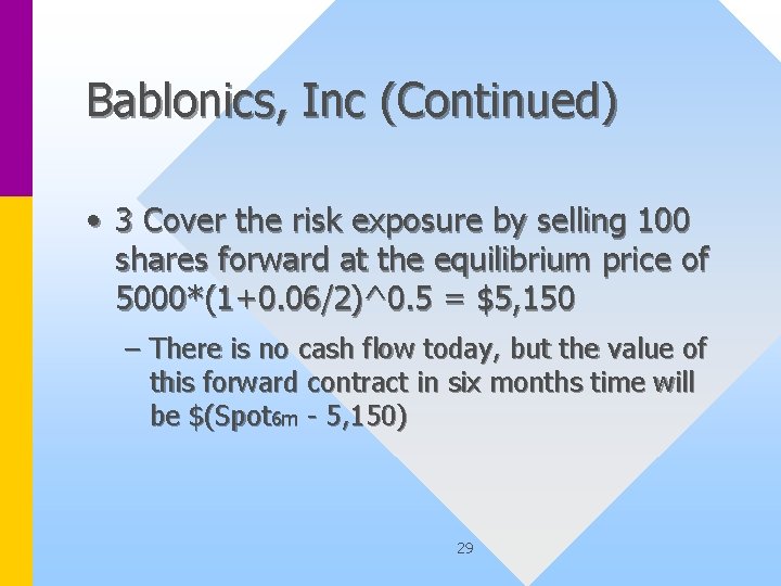 Bablonics, Inc (Continued) • 3 Cover the risk exposure by selling 100 shares forward