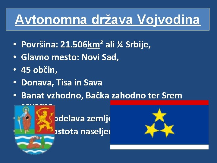 Avtonomna država Vojvodina Avtonomna pokrajina Vojvodina Površina: 21. 506 km² ali ¼ Srbije, Glavno