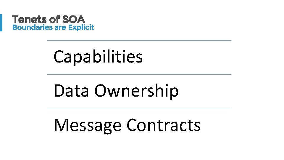 Tenets of SOA Boundaries are Explicit Capabilities Data Ownership Message Contracts 