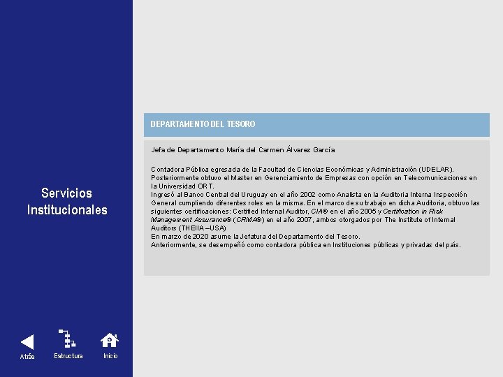 DEPARTAMENTO DEL TESORO Jefa de Departamento María del Carmen Álvarez García Servicios Institucionales Atrás