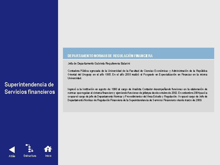 DEPARTAMENTO NORMAS DE REGULACIÓN FINANCIERA Superintendencia de Servicios financieros Atrás Estructura Inicio Jefa de