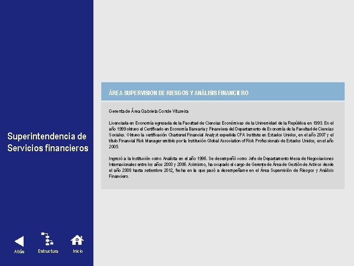 ÁREA SUPERVISION DE RIESGOS Y ANÁLISIS FINANCIERO Gerenta de Área Gabriela Conde Vitureira Superintendencia