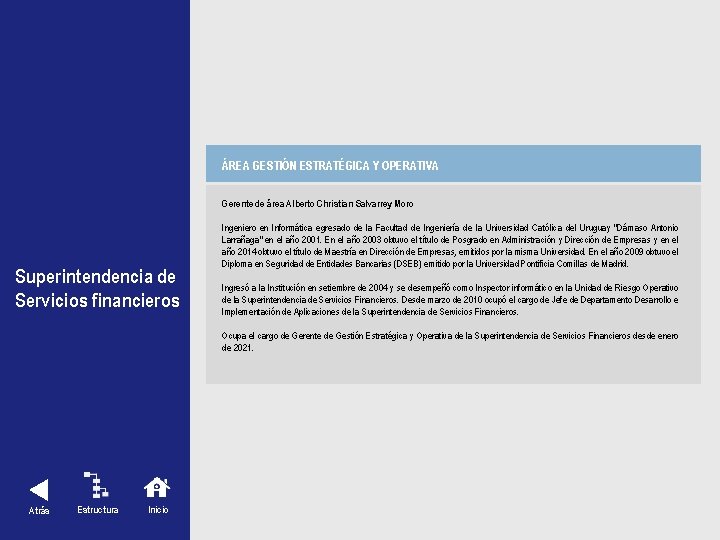 ÁREA GESTIÓN ESTRATÉGICA Y OPERATIVA Superintendencia de Servicios financieros Atrás Estructura Inicio Gerente de