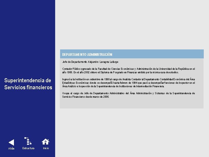 DEPARTAMENTO ADMINISTRACIÓN Superintendencia de Servicios financieros Atrás Estructura Inicio Jefe de Departamento Alejandro Lavagna