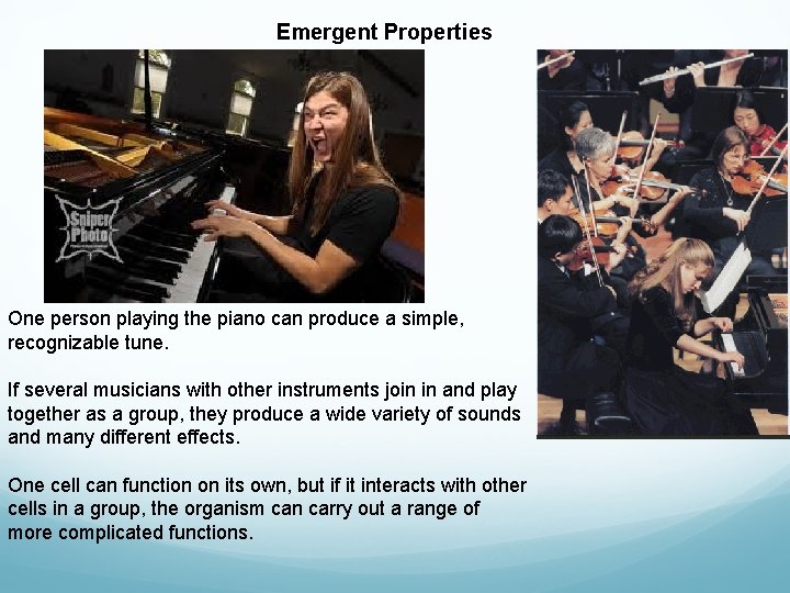 Emergent Properties One person playing the piano can produce a simple, recognizable tune. If