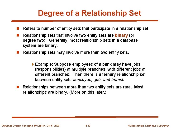 Degree of a Relationship Set n Refers to number of entity sets that participate