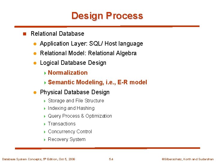 Design Process n Relational Database l Application Layer: SQL/ Host language l Relational Model: