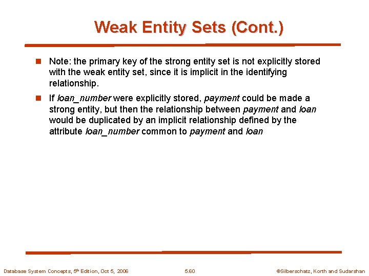 Weak Entity Sets (Cont. ) n Note: the primary key of the strong entity