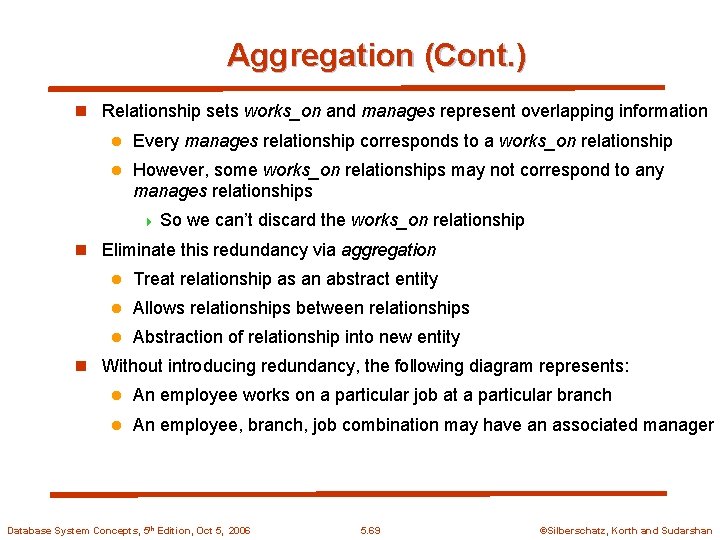 Aggregation (Cont. ) n Relationship sets works_on and manages represent overlapping information l Every