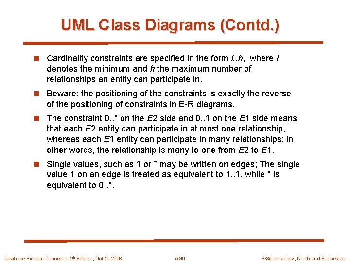 UML Class Diagrams (Contd. ) n Cardinality constraints are specified in the form l.