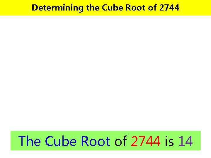 Determining the Cube Root of 2744 The Cube Root of 2744 is 14 