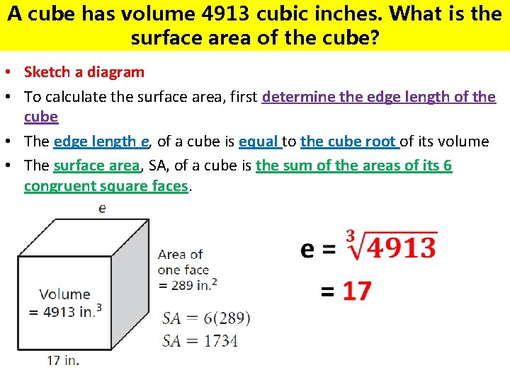 A cube has volume 4913 cubic inches. What is the surface area of the