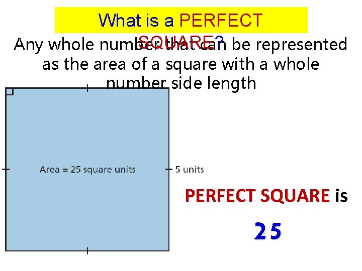 What is a PERFECT SQUARE? Any whole number that can be represented as the