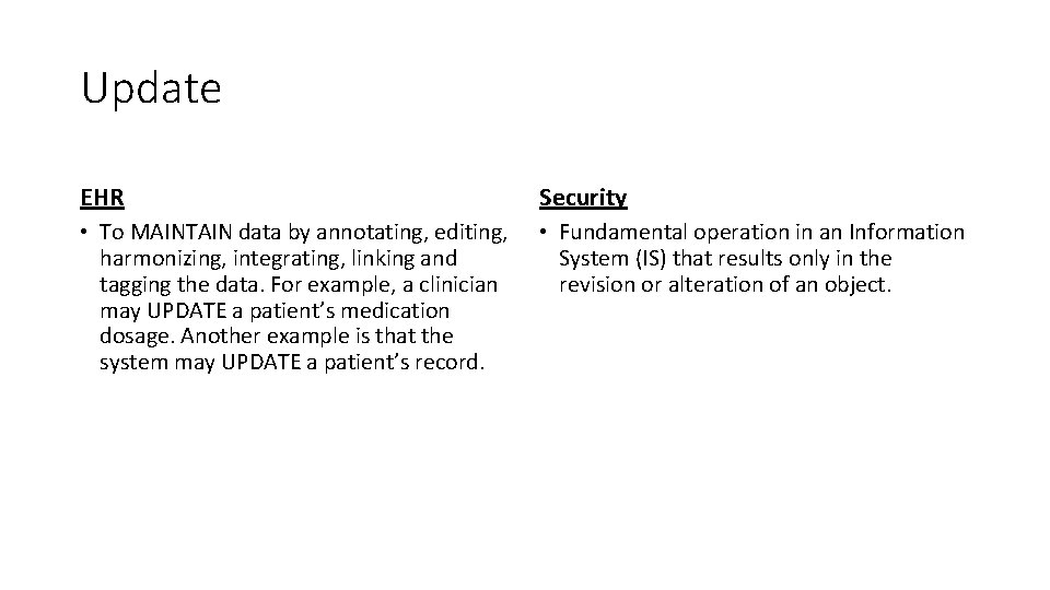 Update EHR Security • To MAINTAIN data by annotating, editing, harmonizing, integrating, linking and