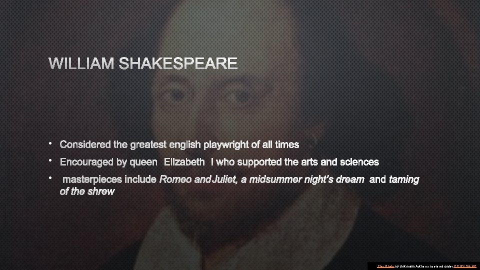 WILLIAM SHAKESPEARE • CONSIDERED THE GREATEST ENGLISH PLAYWRIGHT OF ALL TIMES • ENCOURAGED BY