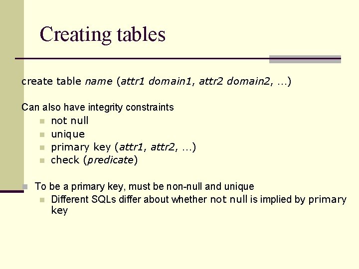 Creating tables create table name (attr 1 domain 1, attr 2 domain 2, …)