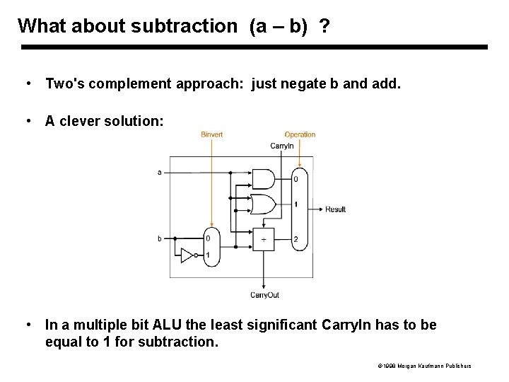 What about subtraction (a – b) ? • Two's complement approach: just negate b