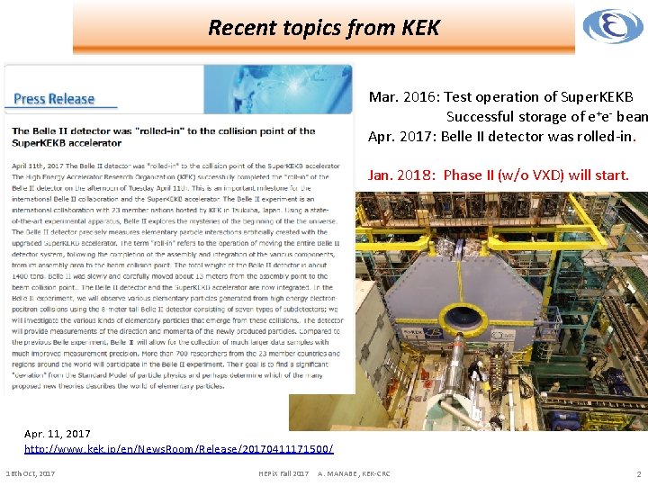Recent topics from KEK Mar. 2016: Test operation of Super. KEKB Successful storage of