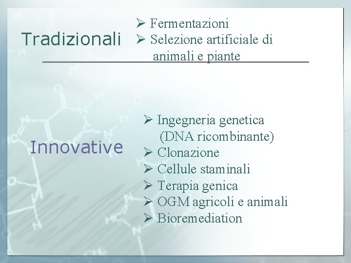 Tradizionali Innovative Ø Fermentazioni Ø Selezione artificiale di animali e piante Ø Ingegneria genetica