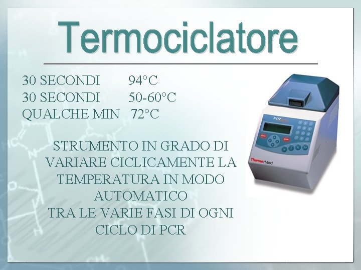 30 SECONDI 94°C 30 SECONDI 50 -60°C QUALCHE MIN 72°C STRUMENTO IN GRADO DI