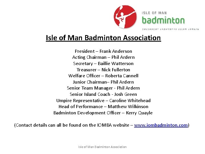 Isle of Man Badminton Association President – Frank Anderson Acting Chairman – Phil Ardern
