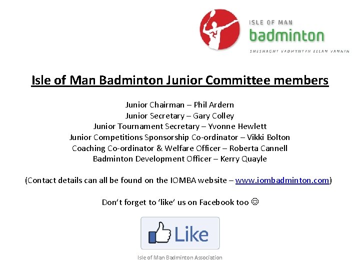 Isle of Man Badminton Junior Committee members Junior Chairman – Phil Ardern Junior Secretary