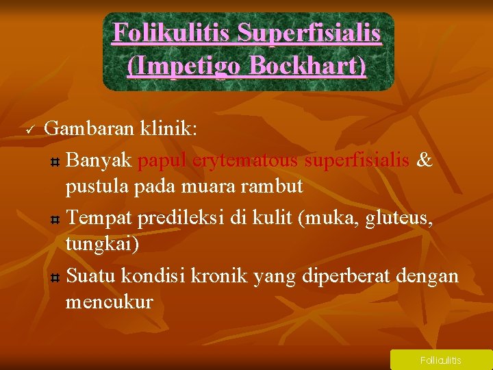 Folikulitis Superfisialis (Impetigo Bockhart) ü Gambaran klinik: Banyak papul erytematous superfisialis & pustula pada