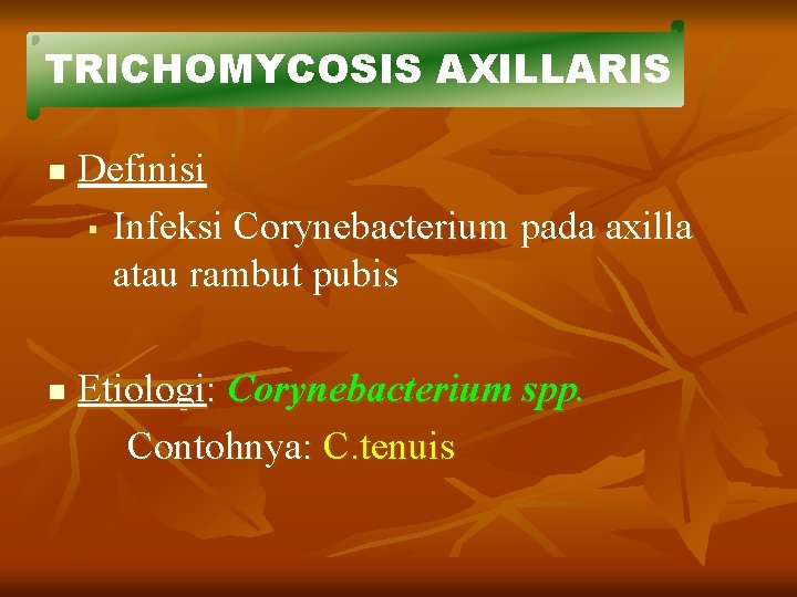 TRICHOMYCOSIS AXILLARIS n n Definisi § Infeksi Corynebacterium pada axilla atau rambut pubis Etiologi: