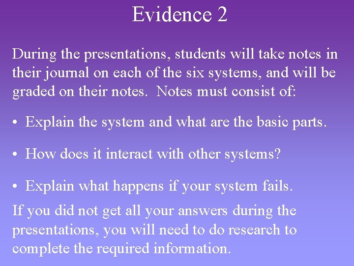 Evidence 2 During the presentations, students will take notes in their journal on each