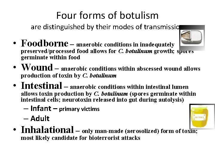 Four forms of botulism are distinguished by their modes of transmission • Foodborne –