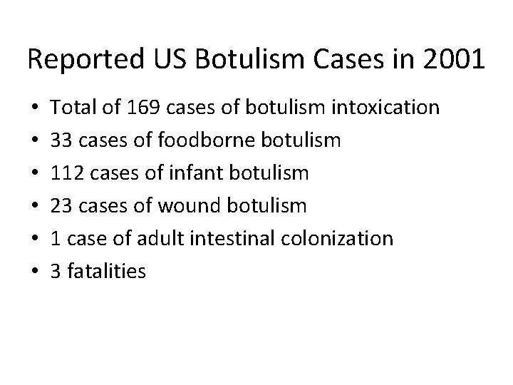 Reported US Botulism Cases in 2001 • • • Total of 169 cases of