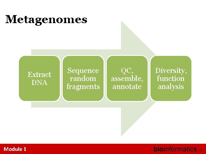 Metagenomes Extract DNA Module 1 Sequence random fragments QC, assemble, annotate Diversity, function analysis