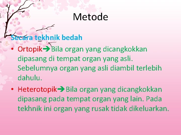 Metode Secara tekhnik bedah • Ortopik Bila organ yang dicangkokkan dipasang di tempat organ