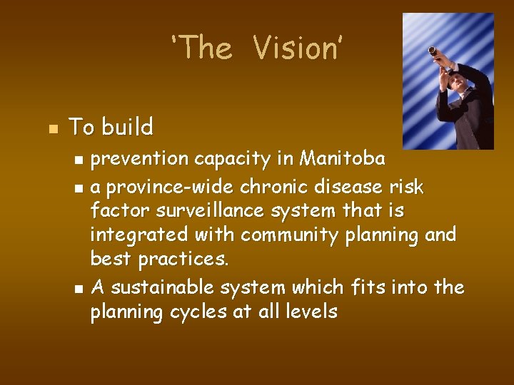 ‘The Vision’ n To build prevention capacity in Manitoba n a province-wide chronic disease