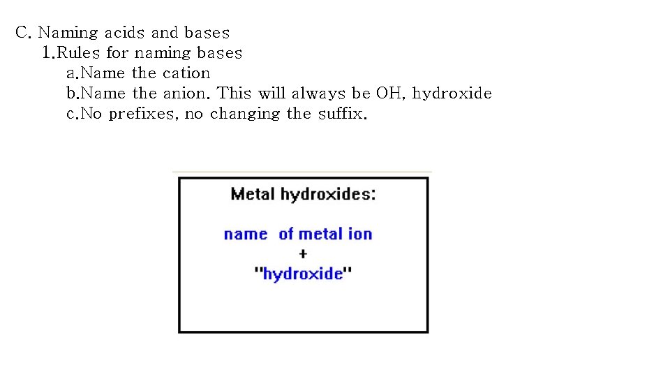 C. Naming acids and bases 1. Rules for naming bases a. Name the cation